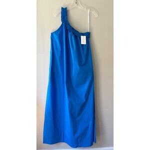Bird & Knoll‎ XL Blue Donatella Poplin Maxi Stretch Dress One Shoulder Pockets